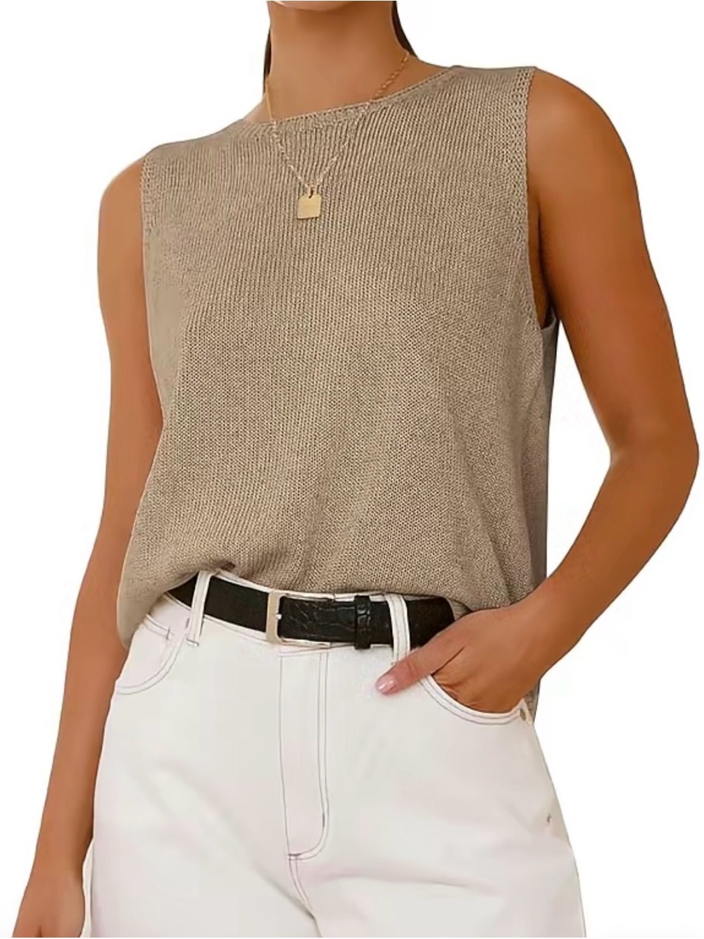 Sleeveless Knit Tank Top in Khaki – Women's Lightweight Tank